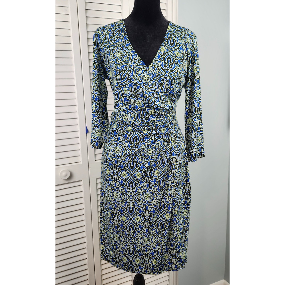 Laundry Faux Wrap Dress Size 8 Stretch Jersey Knit Blue Office to Drinks